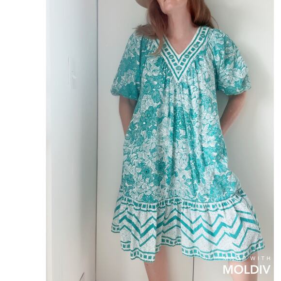 Vintage 80s Ramono Rull Classic Indi Print Summer Dress Size Small Turquoise Wht - Picture 11 of 12